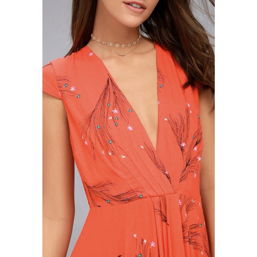 Free People Sz 10 Retro Coral Orange Floral Print Rayon Midi Dress Side Pockets - Picture 3 of 12